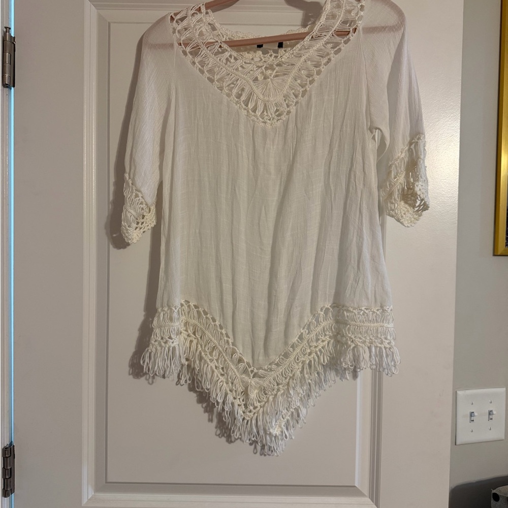 VENUS White Crochet Trim V-Neck Tunic Top